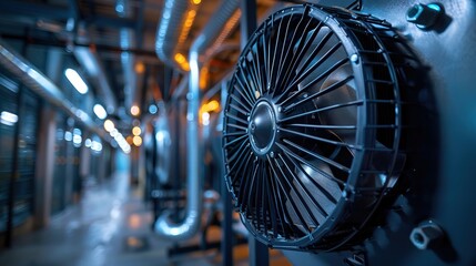 Fototapeta premium Close-up of a ventilation fan in operation within an industrial HVAC setup, focus on blade movement