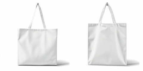 A plain white tote bag is shown from both front and back views. The tote bag features long handles and a simple, minimalist design, made of durable fabric. It is ideal for everyday use or shopping