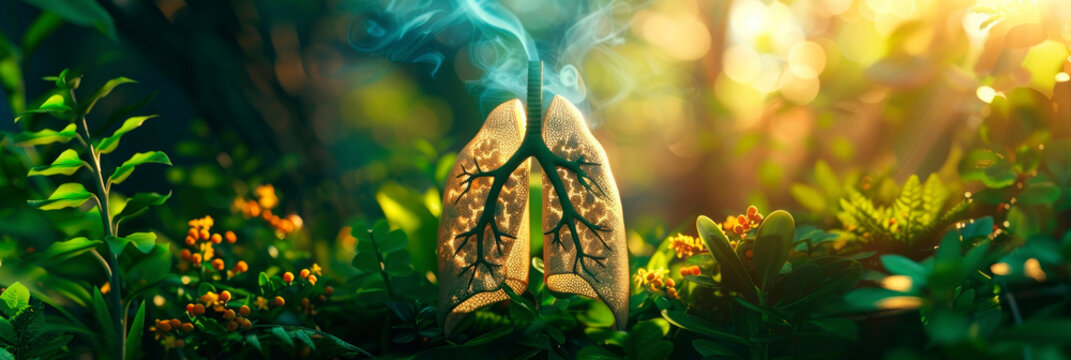 human organs lungs in nature in the forest with trees and leaves, smoke, breathe clean air, sunlight