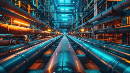 Obraz premium Industry pipeline transport petrochemical, gas and oil processing, furnace factory line, rack of heat chemical manufacturing, equipment steel pipes plant