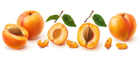 Apricot Set with Halved Fruit and Kernel Isolated on White Background
