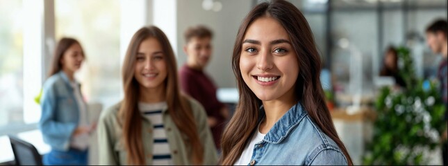 A group of diverse students smiling and looking at the camera, with a white background. The focus is on one girl in the front who has her hair tied back into a ponytail, wearing a denim jacket.