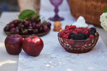 Outdoor picnic. Fruits and berries on the table. Sustainable living, femininity, and the elegance of rural life