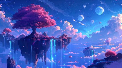 Fantasy Landscape with Floating Islands, Pink Trees, and Waterfalls in a Dreamy Sky
