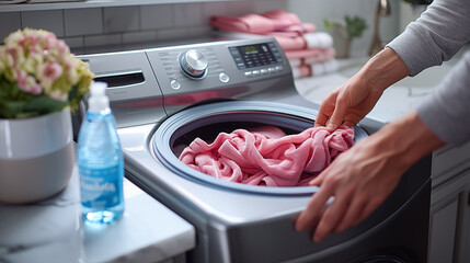  A woman's hand is putting pink cloth into the washing machine.