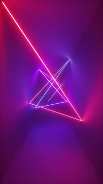 3d abstract neon background, tangled zigzag glowing line moving inside long dark tunnel. Geometrical laser ray path, chaotic ricochet track, lighting beam