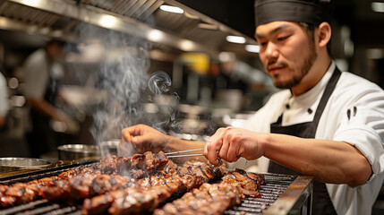 Japanese chef in a white apron grilling marinated chicken on the grill in a Japanese-style kitchen