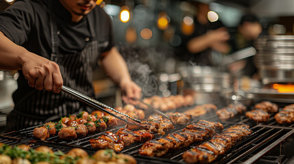 The chef is grilling meat on the grill, with many marinated chicken wings and lamb sausages in front of him.