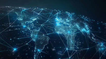 Detailed illustration of a global network connectivity concept with blue nodes and lines on dark background