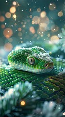 Fototapeta premium Cute green snake 2025 symbol of the year. Snake on the background of Christmas snow, zodiac sign according to the Chinese horoscope.