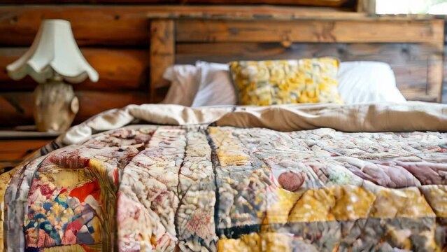 Cozy rustic bedroom with patchwork quilt on wooden bed and bedside lamp