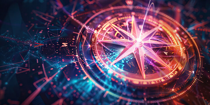 Visionary Navigator: Abstract compass with visionary symbols, symbolizing strategic direction and foresight