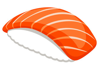 A close up of a single piece of sushi placed on a white background