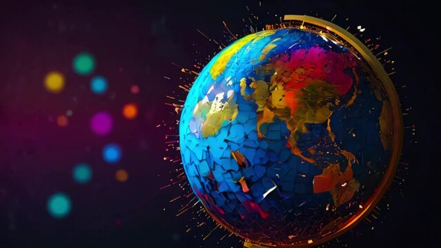 This is a globe of the Earth. The continents are blue, green, yellow, and orange. There are colorful dots in the background.