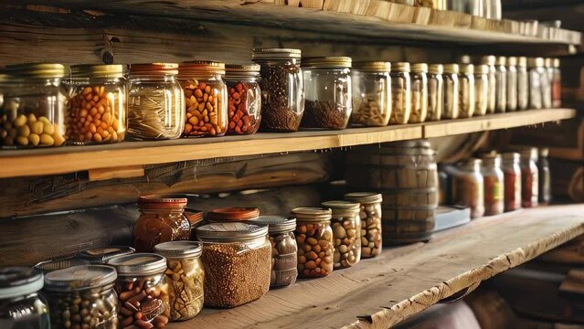 Mason jars filled with preserved foods on wooden shelves in rustic pantry