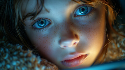 close-up of girl with phone using internet; serious face; caucasian blond girl 10s 12s with mobile laying in bed; bulling, depression; teenager addicted to cell / social media; Internet threats