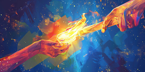 Inspiring Mentorship: Abstract torch passing from one hand to another, representing mentorship and inspiration.