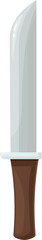 Large sharp hunting knife with a wooden handle pointing up against a white background