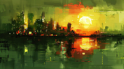 abstract green and orange cityscape with vibrant reflections, ideal for modern urban designs and creative digital artwork