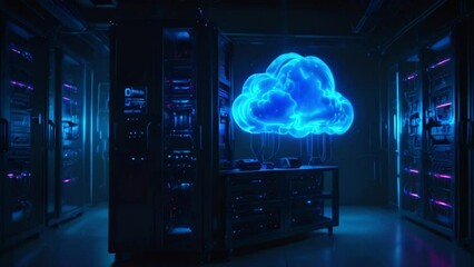 A server room with rows of servers and a glowing blue cloud in the center. - Powered by Adobe