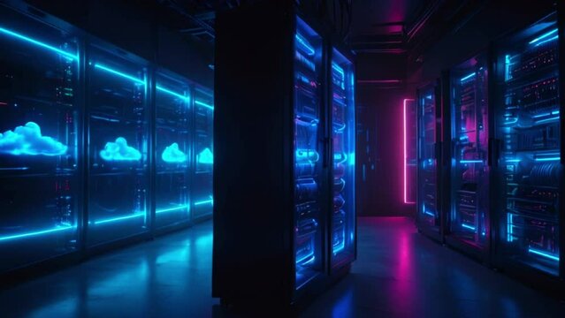 A server room with blue and pink neon lights and a glowing blue cloud design on the walls.