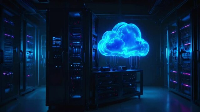 A server room with rows of servers and a glowing blue cloud in the center.