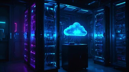 A server room filled with glowing blue and purple server racks. In the center of the room is a glowing blue cloud. - Powered by Adobe