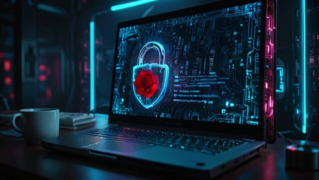 A laptop with a red padlock symbol on the screen.