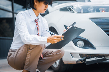 A young businesswoman is navigating car insurance options at her desk, considering premiums,...