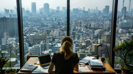 Woman Working at Office Desk with City Skyline View
