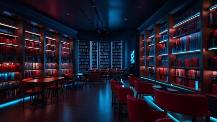 A dimly lit bar with red leather chairs and bookshelves on every wall.
