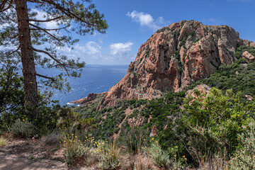 Massif de l'Esterel, a volcanic mountain range on the Mediterranean Sea coast on the French Riviera, located near Cannes on the east and Saint-Rafael on the west, France 