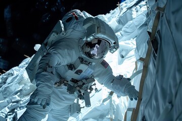 Fototapeta premium The astronaut, floating gently in space, gazed at the vast expanse of the cosmos, feeling a deep sense of awe and curiosity about the uncharted territories awaiting exploration