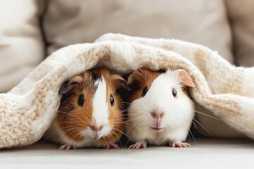 Photo of cute guinea pigs snuggled up under the blanket in a cozy living room setting, with a soft focus on their faces creating a warm and inviting atmosphere.
