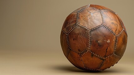 Vintage Leather Soccer Ball with Stitching on Neutral Background
