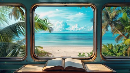 Naklejka premium book at train with beach view. summer travel vacation concept background