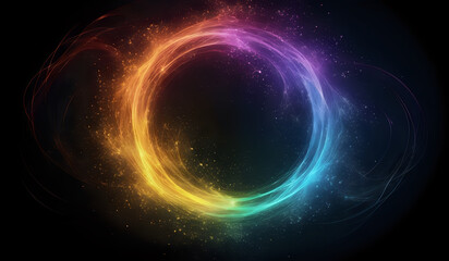 A ring of rainbow colored neon energy waves on a dark background with magical sparks