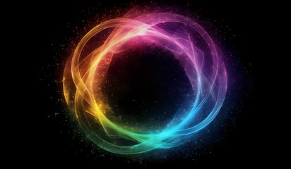 Obraz premium A ring of rainbow colored neon energy waves on a dark background with magical sparks