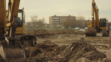 Fototapeta premium A timelapse of a construction site showing the steady progression of heavy machinery moving and shaping the landscape.