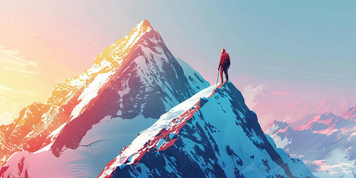 Pinnacle Achiever: Abstract mountain summit with a climber reaching the top, symbolizing reaching goals and milestones