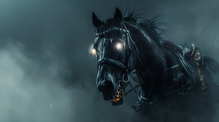 An intense, mystical black horse with glowing eyes against a misty backdrop