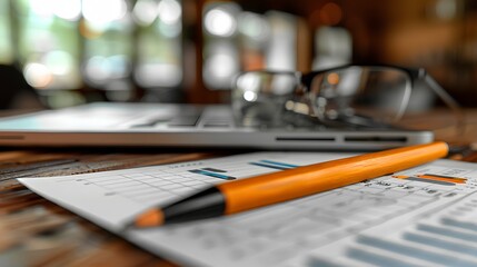 Fototapeta premium Business success depicted on a desk, charts, data, and technology converge. Planning for growth and financial achievement in a modern office