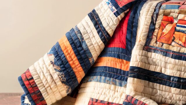 Colorful quilt with various patterns draped over wooden surface