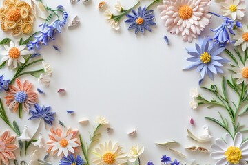 Obraz premium A beautiful and intricate quilling paper flower frame on a white background. The frame is perfect for a greeting card