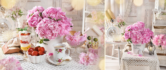 Banner with shabby chic style interior with a bunch of pink peonies, coffee and strawberry dessert