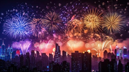 A grand fireworks show over a cityscape, with skyscrapers silhouetted against the vibrant explosions.
