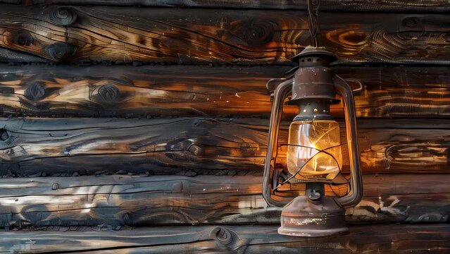 Vintage lantern glowing on rustic wooden wall at night outdoors
