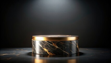 Luxurious black marble pedestal with golden accents and dramatic lighting, product display