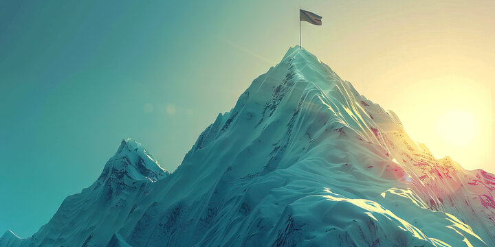 Peak Performance: Abstract mountain peak with a flag representing success and accomplishment at the highest level