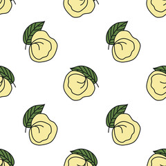 Vector pattern with dumplings and bay leaves. Ravioli. Vareniki. Pelmeni. Seamless background for fabric, wrapping paper, printing.